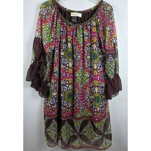Urban Mangoz Women Sz L‎ Ruffle Flare Sleeve Geometric Print Tunic Dress Boho